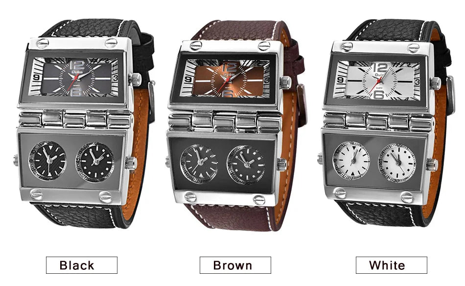 New Men Dual Display Sports Watches Oulm Men Watch Fold Big Size Fashion Outdoor Clock Leather Quartz Watch Relogio Masculino