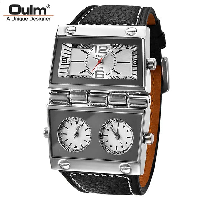 New Men Dual Display Sports Watches Oulm Men Watch Fold Big Size Fashion Outdoor Clock Leather Quartz Watch Relogio Masculino