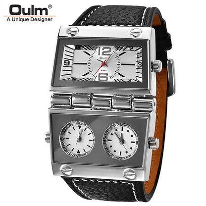 New Men Dual Display Sports Watches Oulm Men Watch Fold Big Size Fashion Outdoor Clock Leather Quartz Watch Relogio Masculino