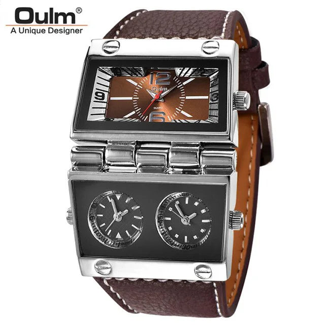 New Men Dual Display Sports Watches Oulm Men Watch Fold Big Size Fashion Outdoor Clock Leather Quartz Watch Relogio Masculino