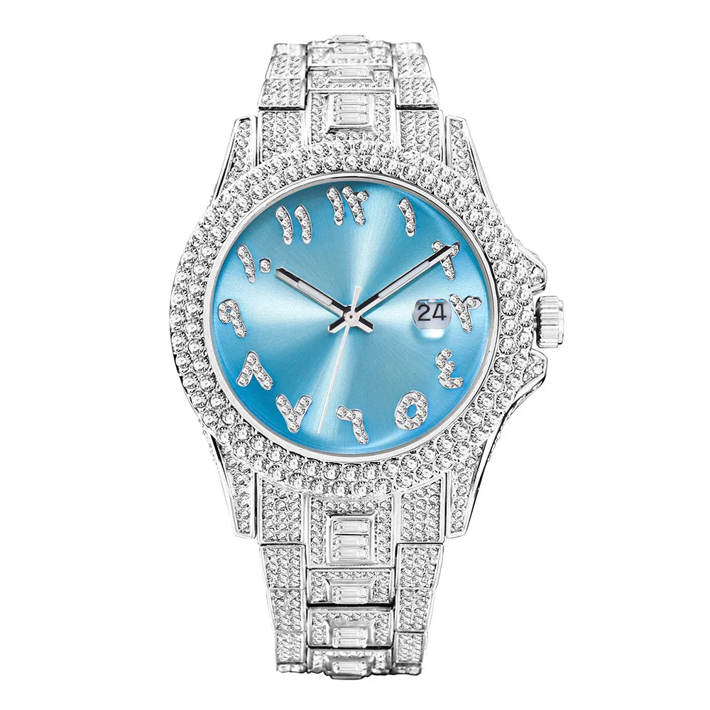 Top Diamond Watch for Men Luxury Hip Hop Blue Dial Arabic Numerals Watches Unique Bling Ice Out Luminous Waterproof Clock