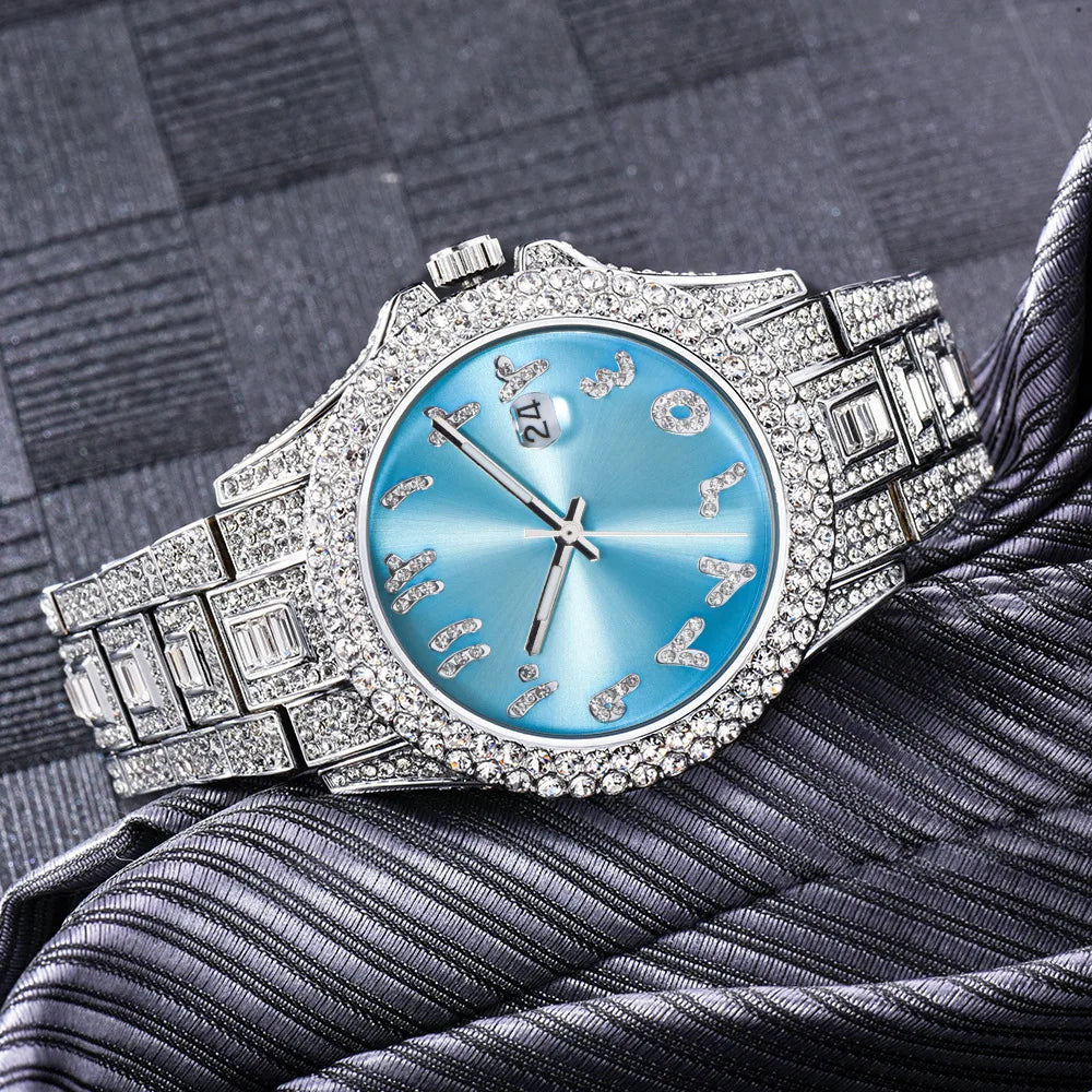 Top Diamond Watch for Men Luxury Hip Hop Blue Dial Arabic Numerals Watches Unique Bling Ice Out Luminous Waterproof Clock