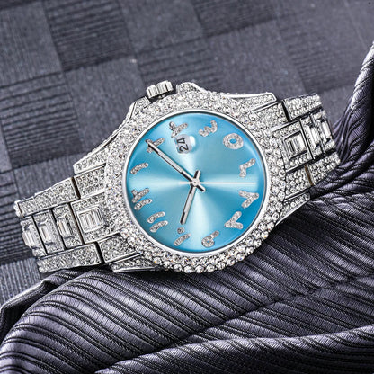 Top Diamond Watch for Men Luxury Hip Hop Blue Dial Arabic Numerals Watches Unique Bling Ice Out Luminous Waterproof Clock