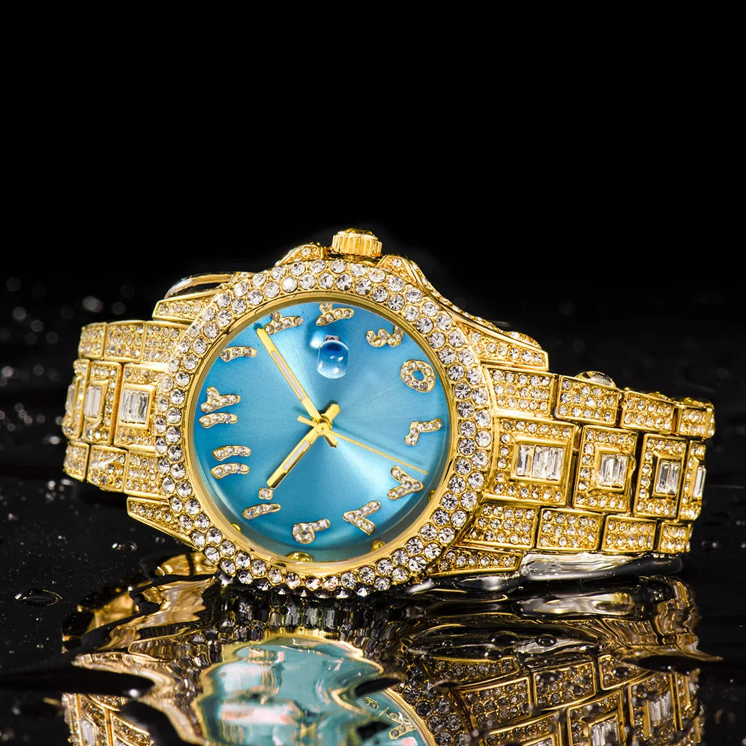 Top Diamond Watch for Men Luxury Hip Hop Blue Dial Arabic Numerals Watches Unique Bling Ice Out Luminous Waterproof Clock