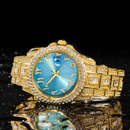 Top Diamond Watch for Men Luxury Hip Hop Blue Dial Arabic Numerals Watches Unique Bling Ice Out Luminous Waterproof Clock
