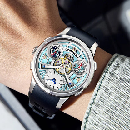 HANBORO King Bee Series Men's Sport Automatic Mechanical Watch Unique Skeleton Flywheel Design Crystal Dial Window Silicone Band