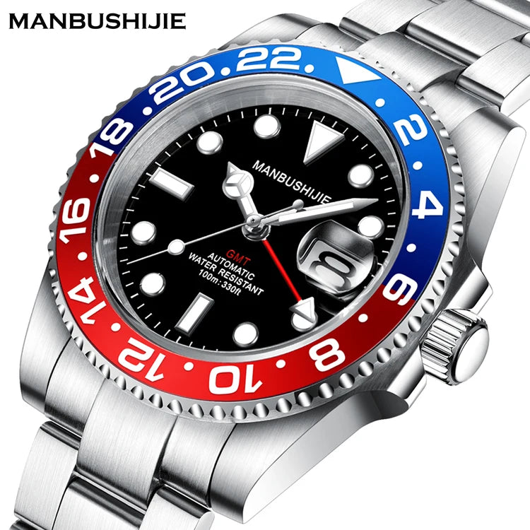 Luxury Men's Mechanical Automatic Watch NH34A GMT 10 ATM Waterproof Luminous Sapphire Steel Strap Analog Dial for Sports Diving