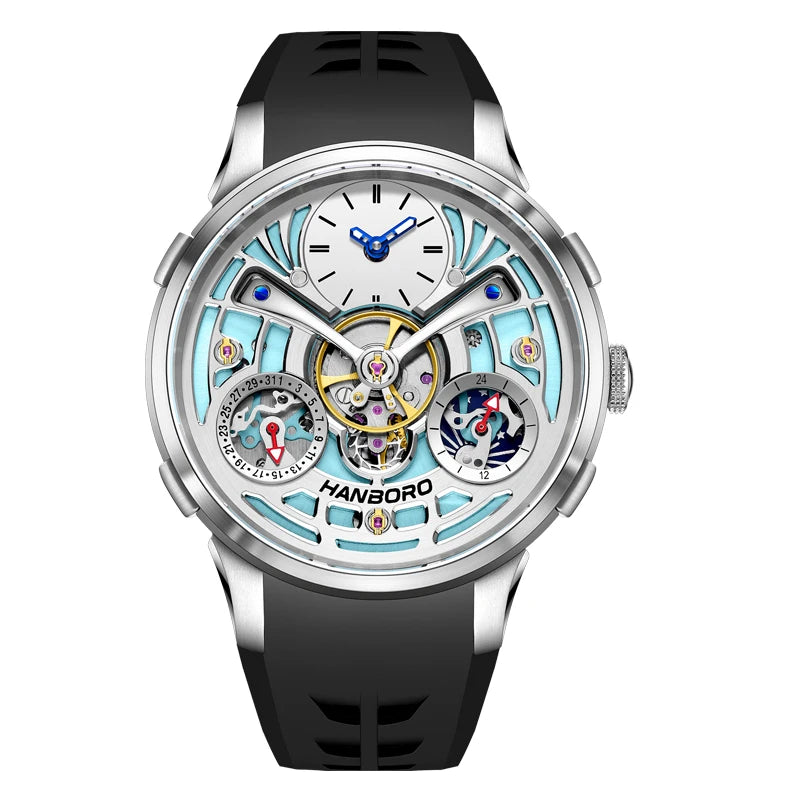 HANBORO King Bee Series Men's Sport Automatic Mechanical Watch Unique Skeleton Flywheel Design Crystal Dial Window Silicone Band