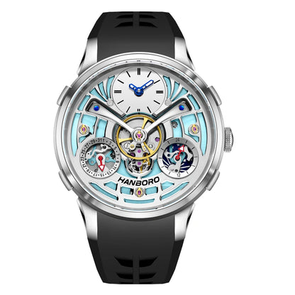 HANBORO King Bee Series Men's Sport Automatic Mechanical Watch Unique Skeleton Flywheel Design Crystal Dial Window Silicone Band