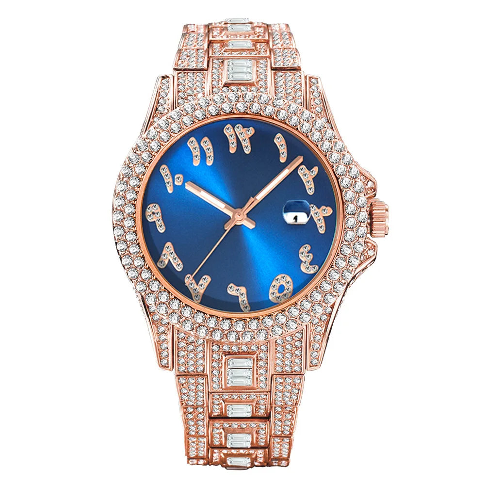 Top Diamond Watch for Men Luxury Hip Hop Blue Dial Arabic Numerals Watches Unique Bling Ice Out Luminous Waterproof Clock