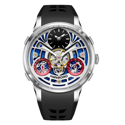 HANBORO King Bee Series Men's Sport Automatic Mechanical Watch Unique Skeleton Flywheel Design Crystal Dial Window Silicone Band