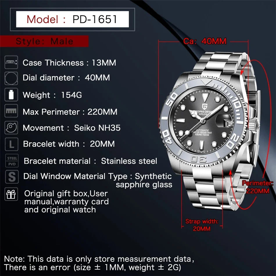 PAGANI DESIGN Original 40MM Men's Automatic Mechanical Watches NH35 Luxury Stainless Steel Waterproof Watch for Men Reloj PD1651
