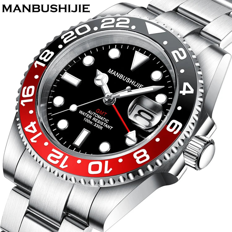 Luxury Men's Mechanical Automatic Watch NH34A GMT 10 ATM Waterproof Luminous Sapphire Steel Strap Analog Dial for Sports Diving