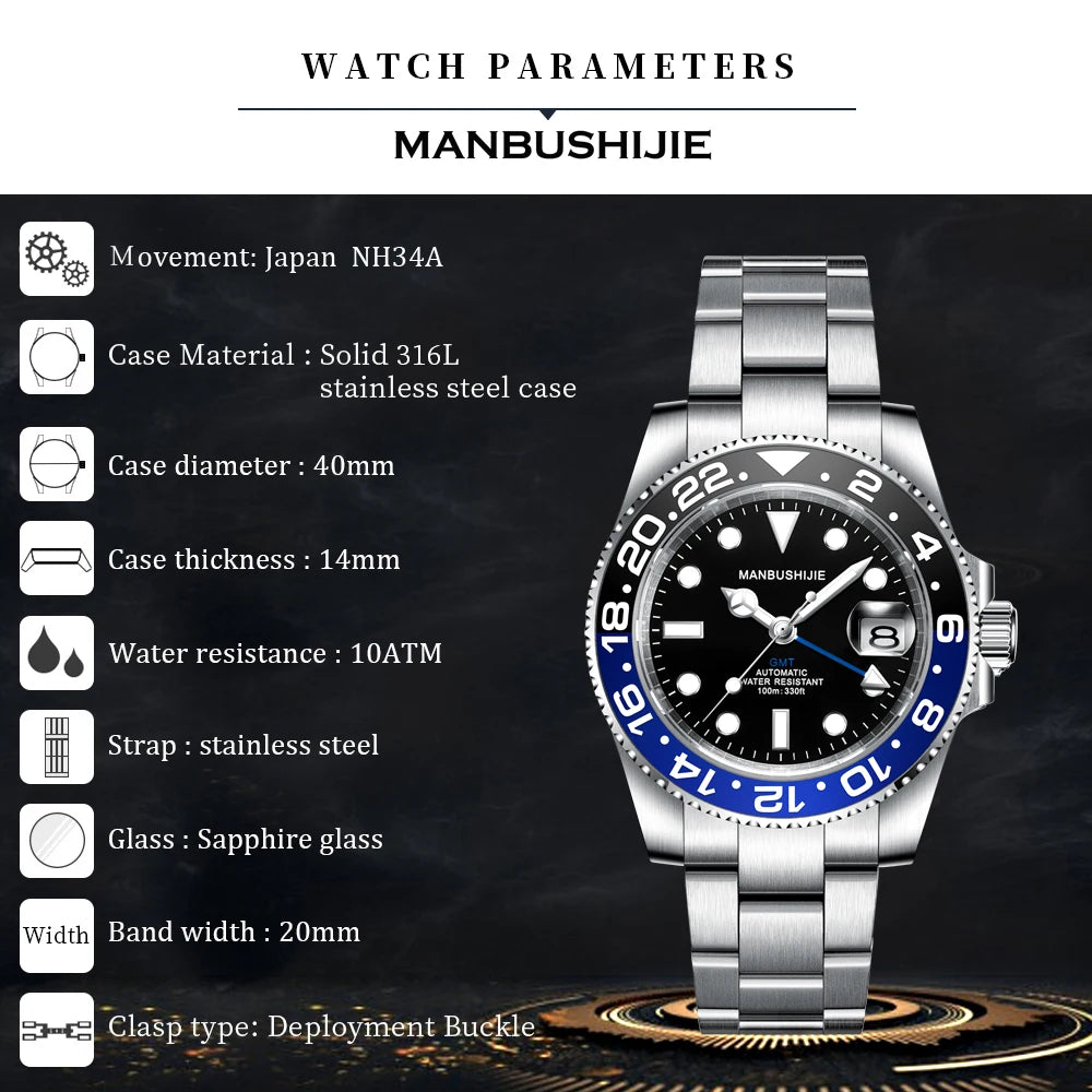 Luxury Men's Mechanical Automatic Watch NH34A GMT 10 ATM Waterproof Luminous Sapphire Steel Strap Analog Dial for Sports Diving