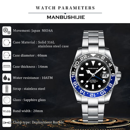 Luxury Men's Mechanical Automatic Watch NH34A GMT 10 ATM Waterproof Luminous Sapphire Steel Strap Analog Dial for Sports Diving