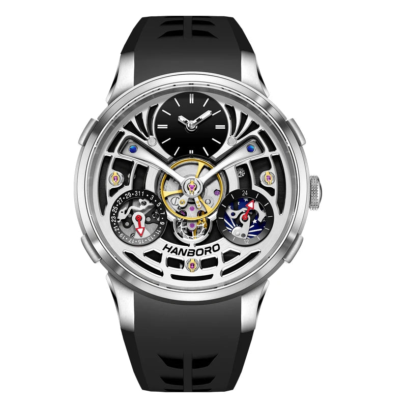 HANBORO King Bee Series Men's Sport Automatic Mechanical Watch Unique Skeleton Flywheel Design Crystal Dial Window Silicone Band