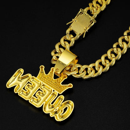 Men's Hip Hop Crown with QUEEN Letter Pendant Necklace For Women Crystal Cuban Chain Iced Out Bling Necklaces Rock Biker Jewelry