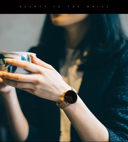 2023 New Women Bracelet Watch 1 Set Japan Quartz Movement Simple Rose Gold Stainless Steel Mesh Student Watches Relogio Feminino