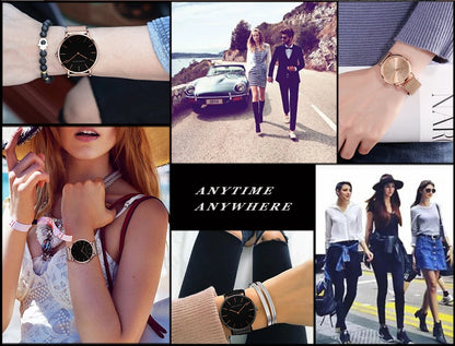 2023 New Women Bracelet Watch 1 Set Japan Quartz Movement Simple Rose Gold Stainless Steel Mesh Student Watches Relogio Feminino