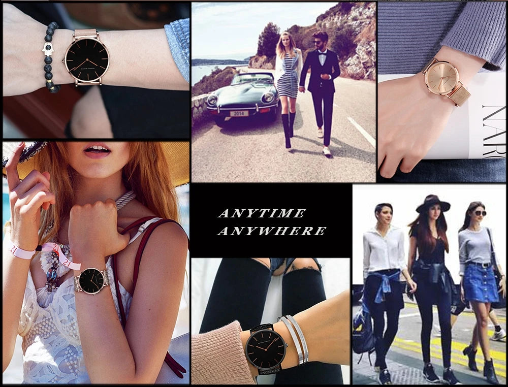 2023 New Women Bracelet Watch 1 Set Japan Quartz Movement Simple Rose Gold Stainless Steel Mesh Student Watches Relogio Feminino