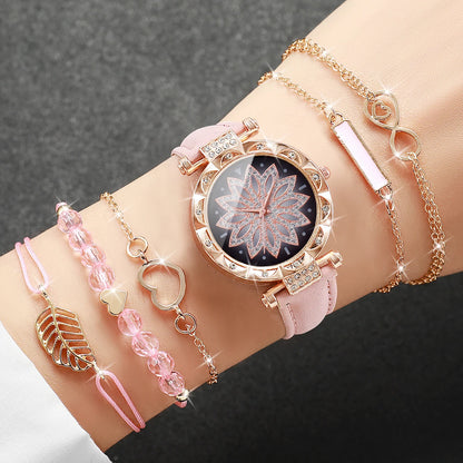 6PCS/Set Fashion Heart Dial Women's Watch Casual Leather Band Analog Quartz Watch Leaf Bracelets Set（Without Box）