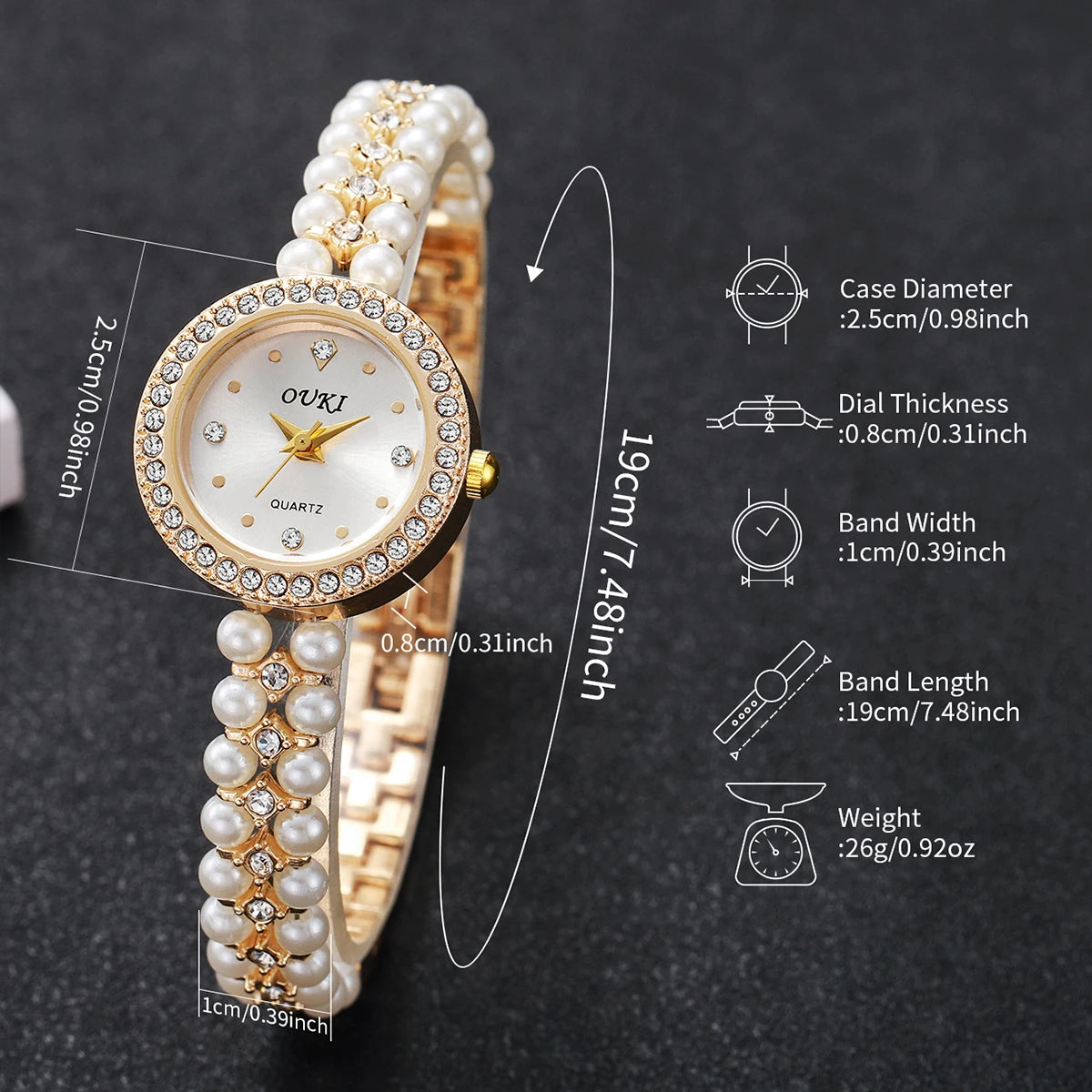 5PCS/Set Fashion Women Watches Ladies Pearls Band Quartz Wristwatch Jewelry Set Reloj Mujer（Without Box）