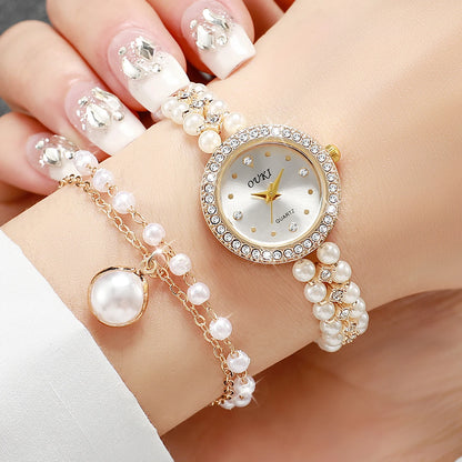5PCS/Set Fashion Women Watches Ladies Pearls Band Quartz Wristwatch Jewelry Set Reloj Mujer（Without Box）