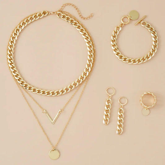 Fashion Multilayer Vintage V-Shaped Necklace Set with Earrings And Rings Aluminum Chain Ring Bracelet - 7 Piece Jewelry