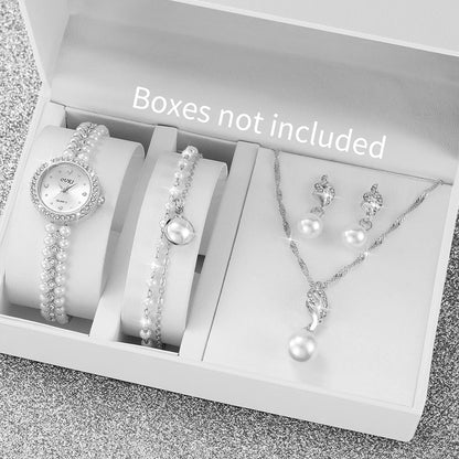 5PCS/Set Fashion Women Watches Ladies Pearls Band Quartz Wristwatch Jewelry Set Reloj Mujer（Without Box）