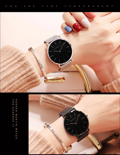 2023 New Women Bracelet Watch 1 Set Japan Quartz Movement Simple Rose Gold Stainless Steel Mesh Student Watches Relogio Feminino