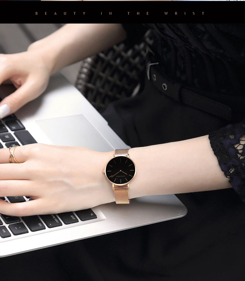 2023 New Women Bracelet Watch 1 Set Japan Quartz Movement Simple Rose Gold Stainless Steel Mesh Student Watches Relogio Feminino