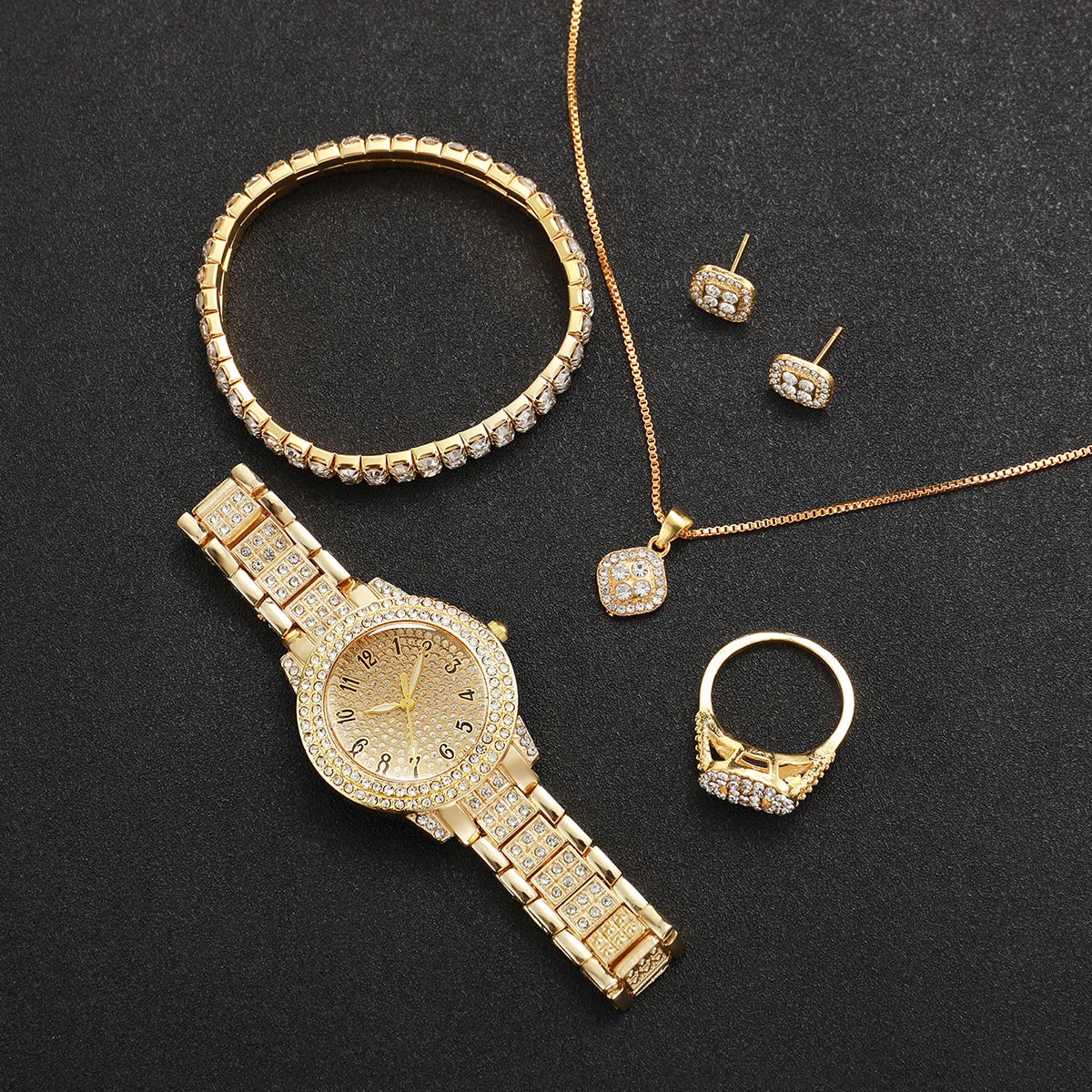 6PCS Fashion Full Diamond Women's Watch Gold Steel Band Analog Quartz Watches Jewelry Set（Without Box）