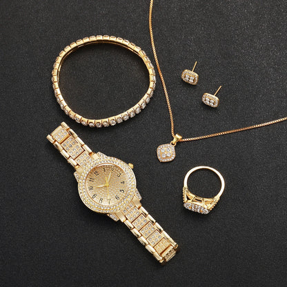 6PCS Fashion Full Diamond Women's Watch Gold Steel Band Analog Quartz Watches Jewelry Set（Without Box）