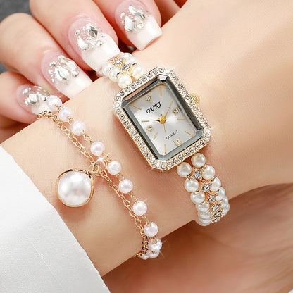 5PCS/Set Fashion Women Watches Ladies Pearls Band Quartz Wristwatch Jewelry Set Reloj Mujer（Without Box）