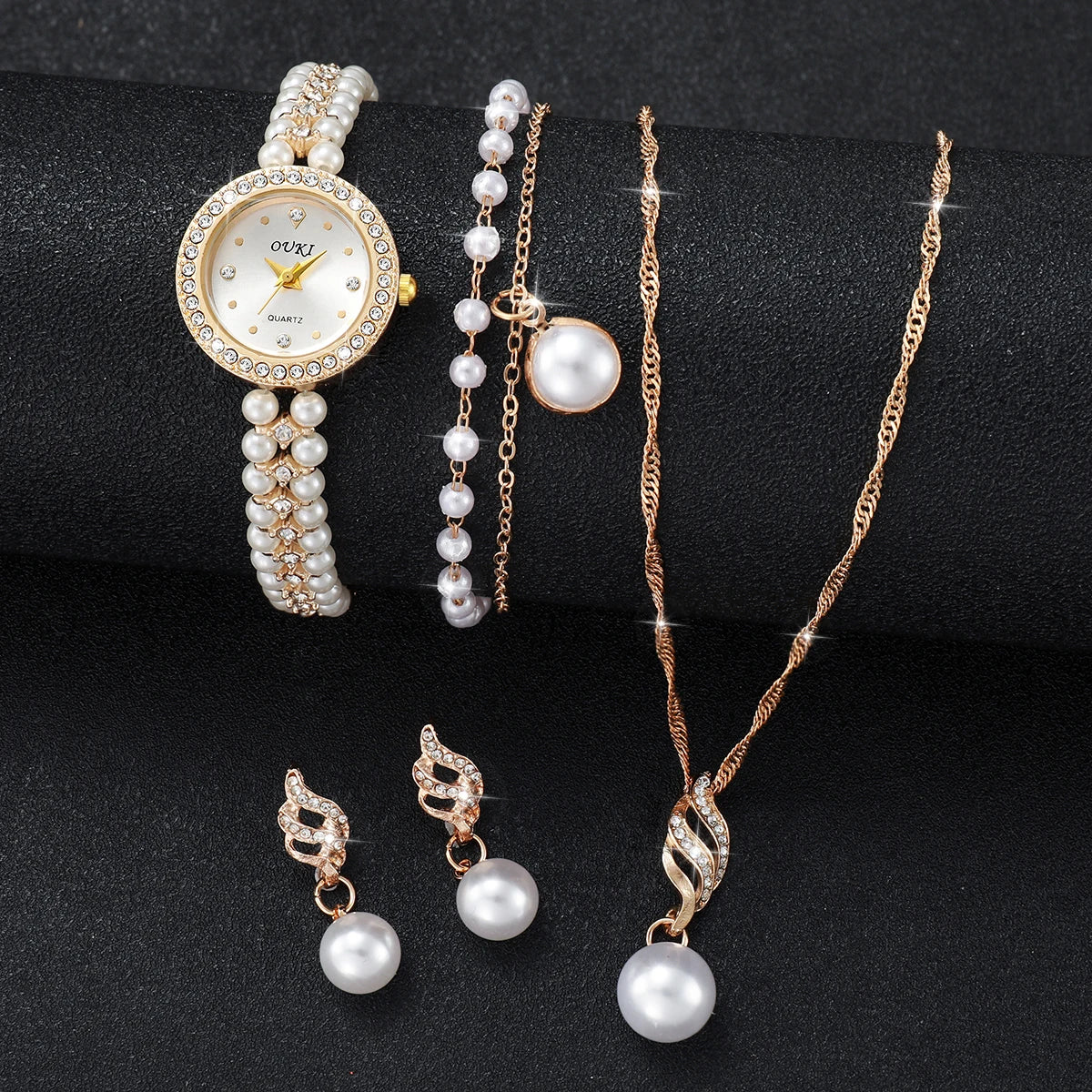 5PCS/Set Fashion Women Watches Ladies Pearls Band Quartz Wristwatch Jewelry Set Reloj Mujer（Without Box）