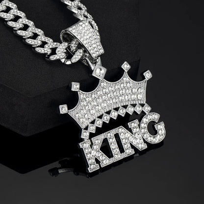 Men Hip Hop Crown with King Pendant Necklace with 13mm Crystal Cuban Chain HipHop Iced Out Bling Necklaces Fashion Charm Jewelry