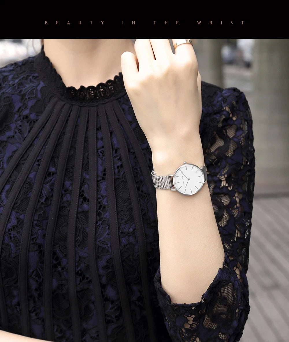 2023 New Women Bracelet Watch 1 Set Japan Quartz Movement Simple Rose Gold Stainless Steel Mesh Student Watches Relogio Feminino