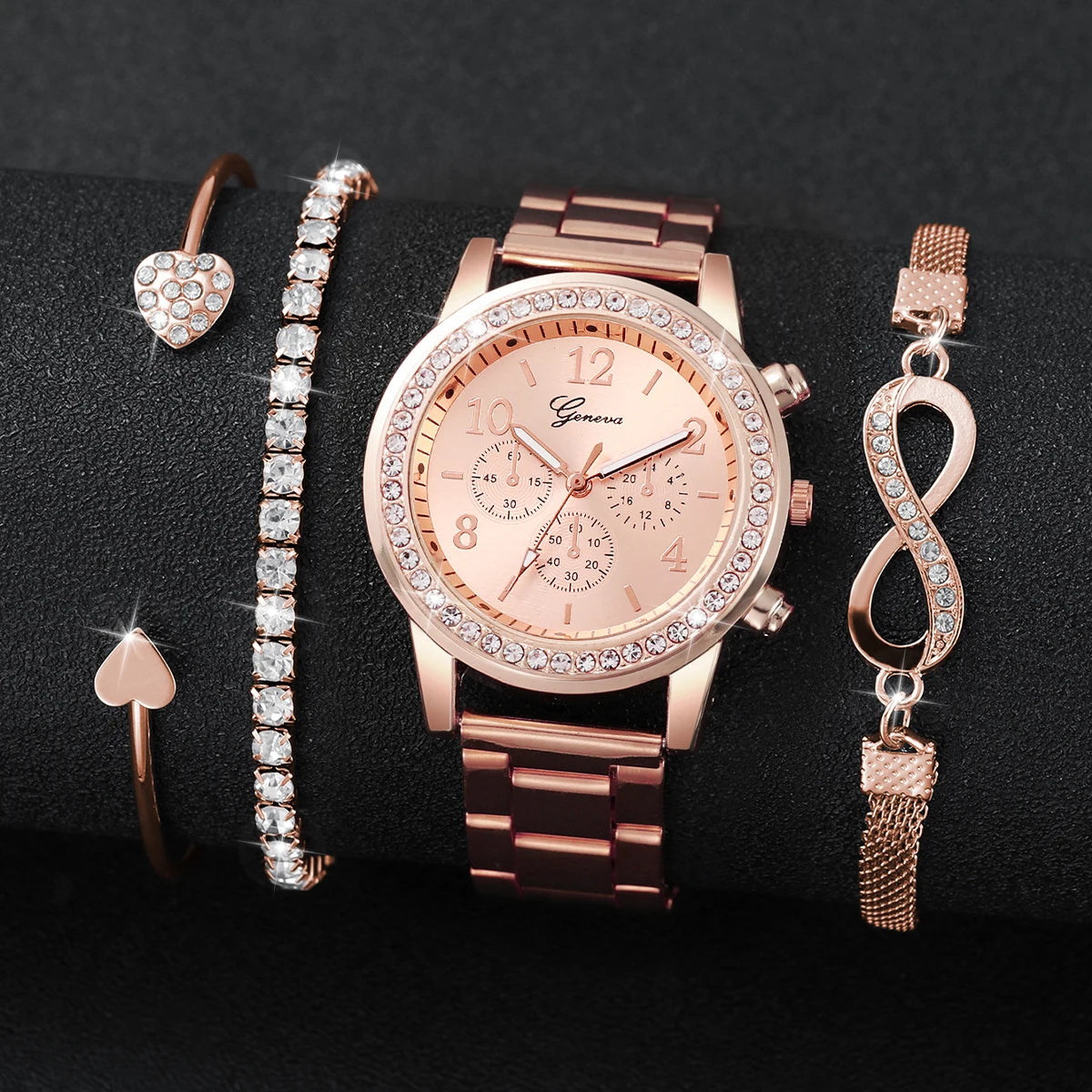 4PCS/Set Fashion Rhinestone Women Watches Luxury Steel Band Ladies Quartz Watch Bracelets Set Reloj Mujer（Without Box）