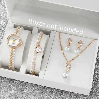 5PCS/Set Fashion Women Watches Ladies Pearls Band Quartz Wristwatch Jewelry Set Reloj Mujer（Without Box）