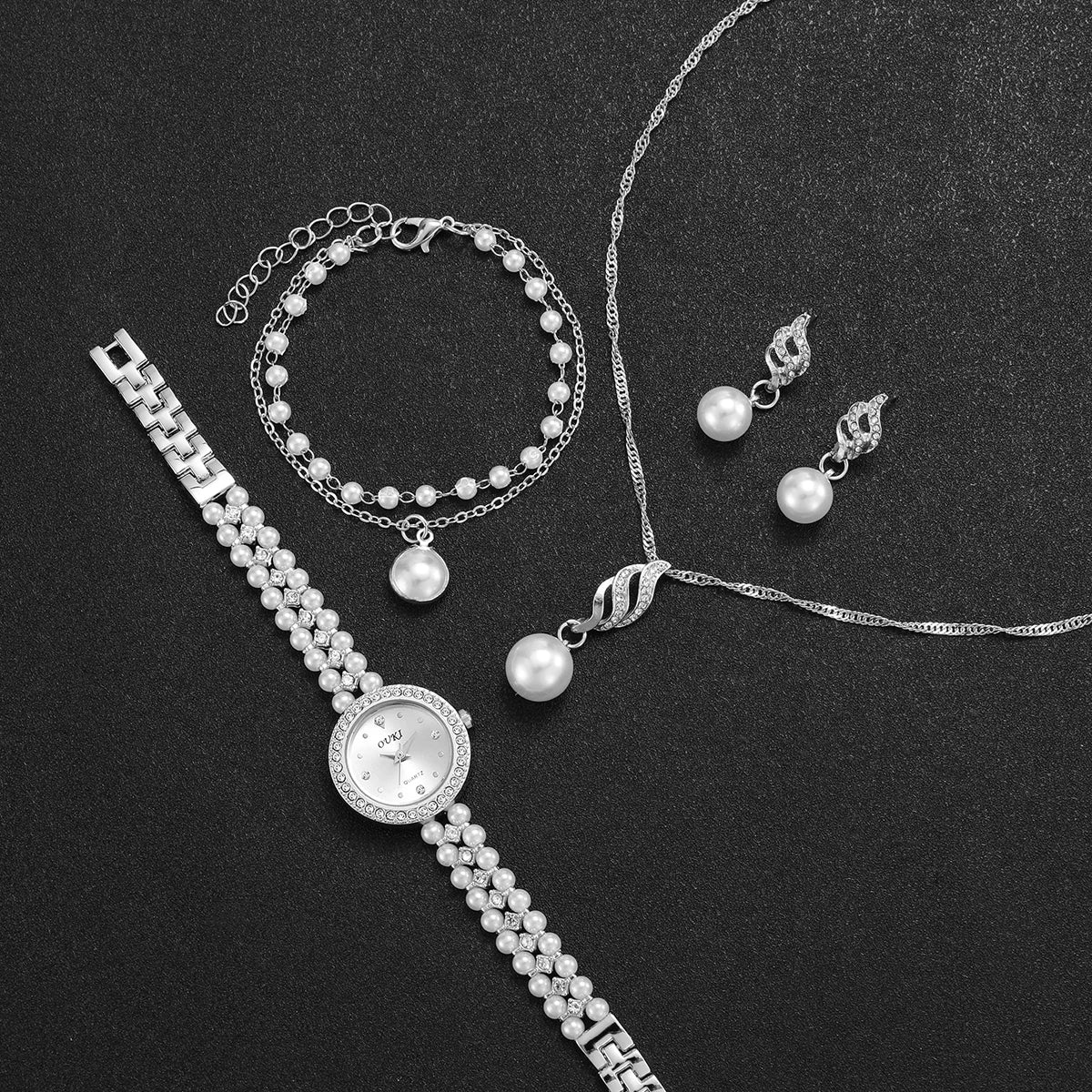 5PCS/Set Fashion Women Watches Ladies Pearls Band Quartz Wristwatch Jewelry Set Reloj Mujer（Without Box）