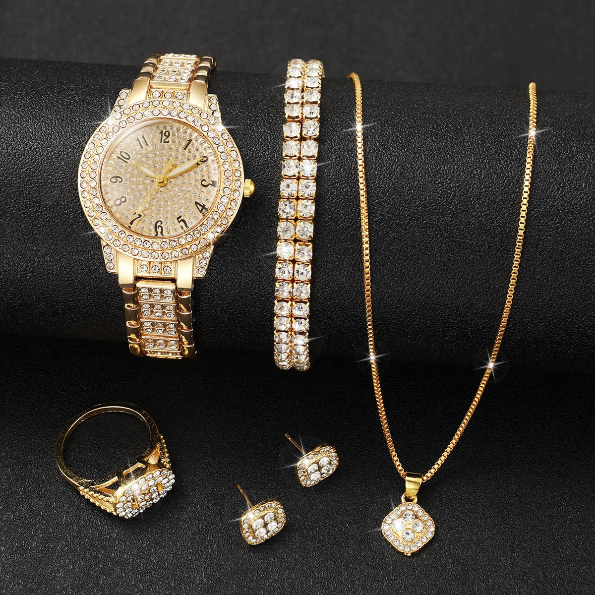 6PCS Fashion Full Diamond Women's Watch Gold Steel Band Analog Quartz Watches Jewelry Set（Without Box）