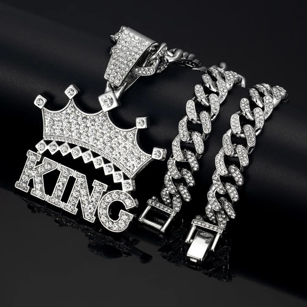 Men Hip Hop Crown with King Pendant Necklace with 13mm Crystal Cuban Chain HipHop Iced Out Bling Necklaces Fashion Charm Jewelry