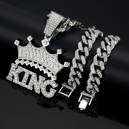 Men Hip Hop Crown with King Pendant Necklace with 13mm Crystal Cuban Chain HipHop Iced Out Bling Necklaces Fashion Charm Jewelry