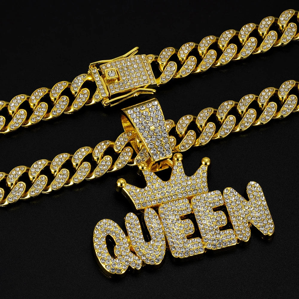 Men's Hip Hop Crown with QUEEN Letter Pendant Necklace For Women Crystal Cuban Chain Iced Out Bling Necklaces Rock Biker Jewelry