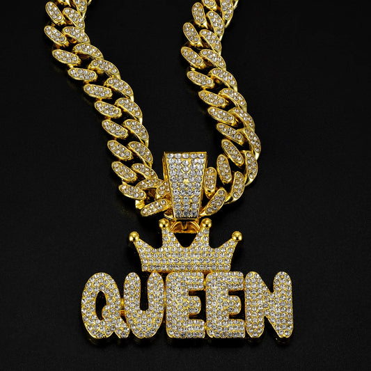 Men's Hip Hop Crown with QUEEN Letter Pendant Necklace For Women Crystal Cuban Chain Iced Out Bling Necklaces Rock Biker Jewelry