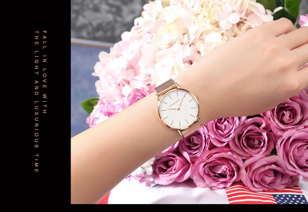 2023 New Women Bracelet Watch 1 Set Japan Quartz Movement Simple Rose Gold Stainless Steel Mesh Student Watches Relogio Feminino
