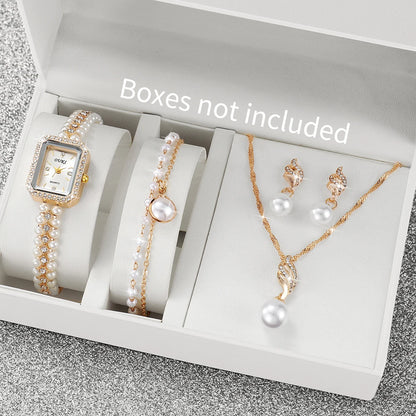 5PCS/Set Fashion Women Watches Ladies Pearls Band Quartz Wristwatch Jewelry Set Reloj Mujer（Without Box）