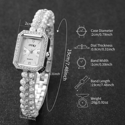 5PCS/Set Fashion Women Watches Ladies Pearls Band Quartz Wristwatch Jewelry Set Reloj Mujer（Without Box）