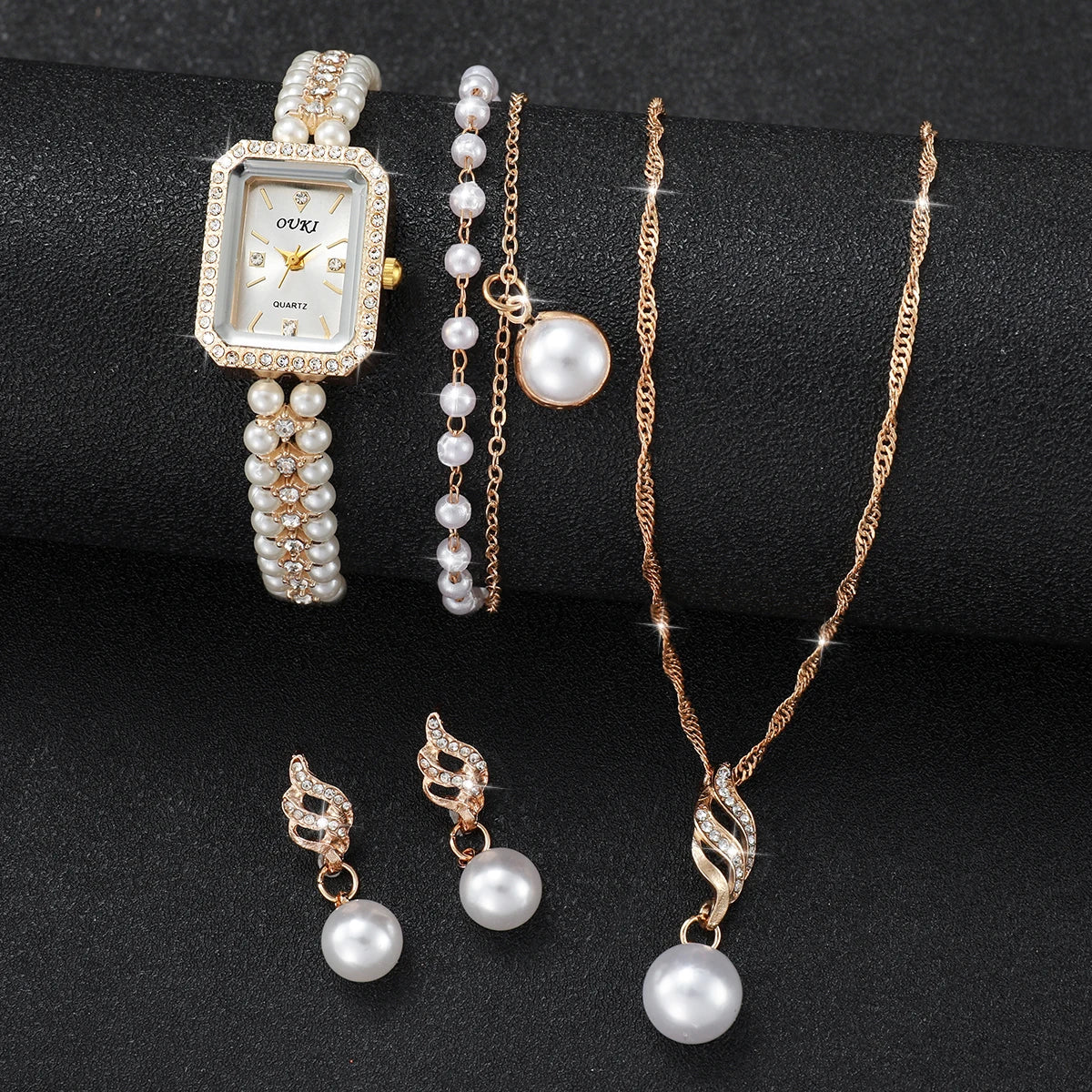 5PCS/Set Fashion Women Watches Ladies Pearls Band Quartz Wristwatch Jewelry Set Reloj Mujer（Without Box）