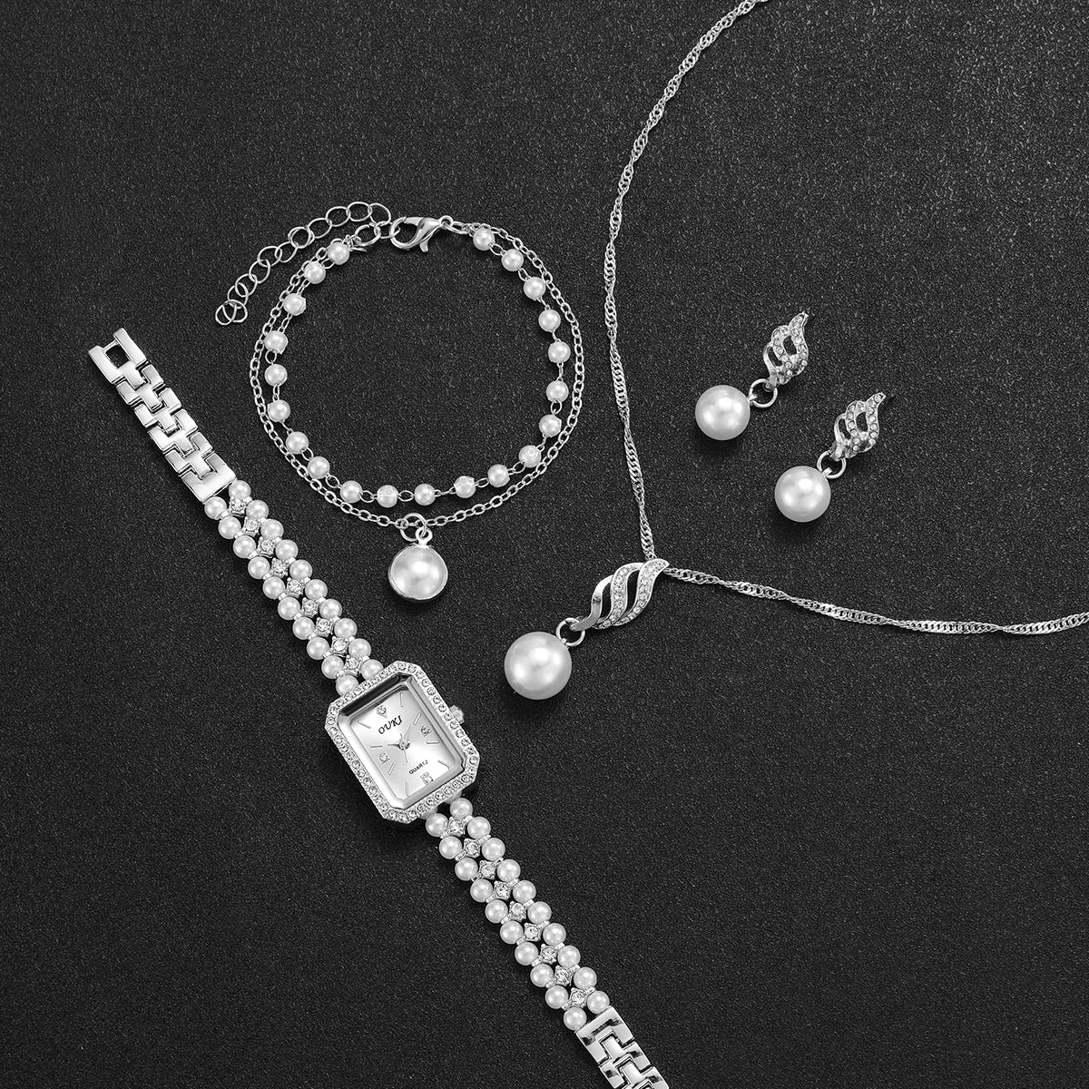 5PCS/Set Fashion Women Watches Ladies Pearls Band Quartz Wristwatch Jewelry Set Reloj Mujer（Without Box）